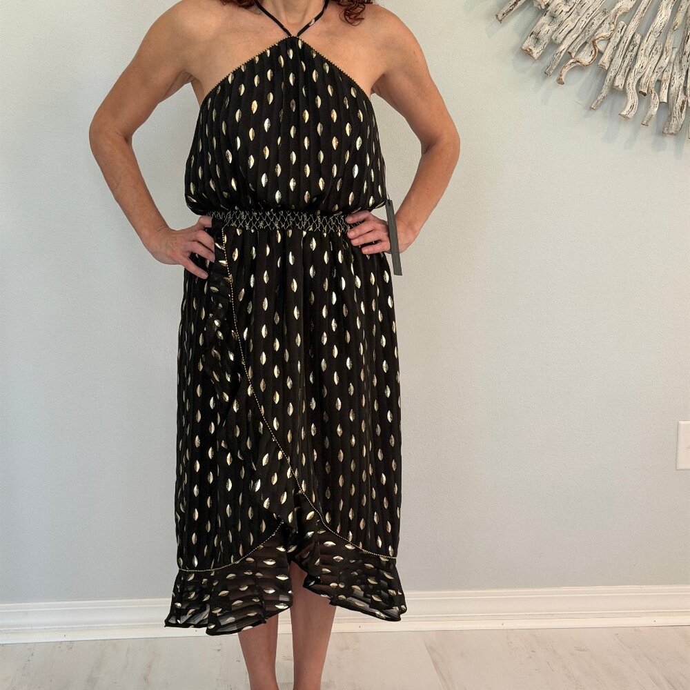House of Harlow 1960 x Revolve — Gold Foil Halter Midi Dress (Size S) NWT